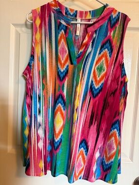 Colorful Ikat Print Sleeveless Tunic Top - Pink Multi